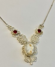 Antique Genuine Shell Cameo Faceted Red Stone Silver Tone Filigree Necklace
