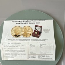 British Royal Mint 2020 UK Britannia Proof Gold Coin 1/4 oz 0.9999