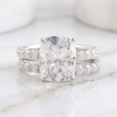 Cushion Moissanite Stone Half Eternity Band Hidden Halo Wedding Ring Set 925 SIL