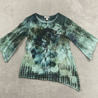 Dressbarn Top Women's Small Geometric Green Blouse Tunic Studded Asymmetrical