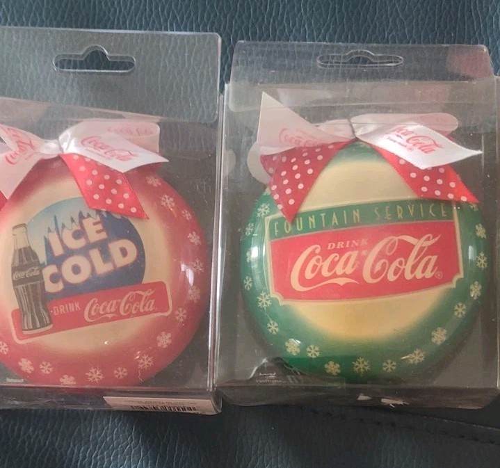 VTG 1990s Wrapped Styrofoam Green  red  Coca Cola Christmas OrnamentS 3 1/4" NIP