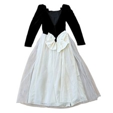 Vintage 1980s Black Velvet Ivory Tulle Gown Puff Sleeve Bow Back Evening Dress