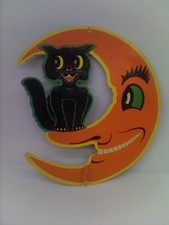 Vtg Beistle Co Embossed Black Cat On Moon Die Cut Made In USA Halloween 60-70's