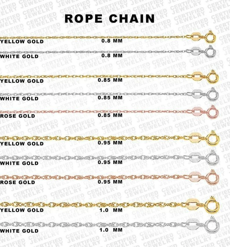 10k Gold Rope Chain Dainty Gold Chain 0.8mm 0.85mm 0.95mm 1.0mm Thick