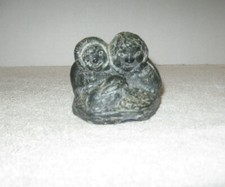 Vintage "The Wolf Sculptures" Carved Soapstone Two Eskimo Children WIth Rabbit