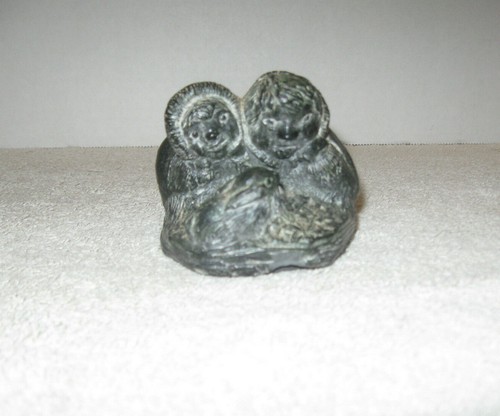 Vintage "The Wolf Sculptures" Carved Soapstone Two Eskimo Children WIth Rabbit