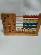 Wooden Child's learning toy-Abacus, Time tell clock, addition wheels-painted