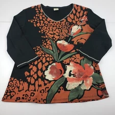 Jess & Jane Wild Tulips T-Shirt Women Small Black Multicolor Embellished Top