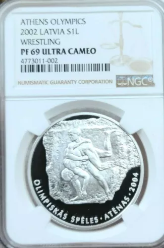 2002 LATVIA SILVER 1 LATS WRESTLING NGC PF 69 ULTRA CAMEO SCARCE BEAUTIFUL COIN