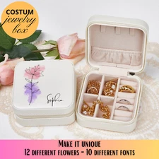Custom jewelry box with month birthday flower and name. Travel jewelry case