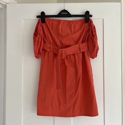 Orange Mini PLT Shoulderless Belted Linen Type Summer Dress Size 10  UK