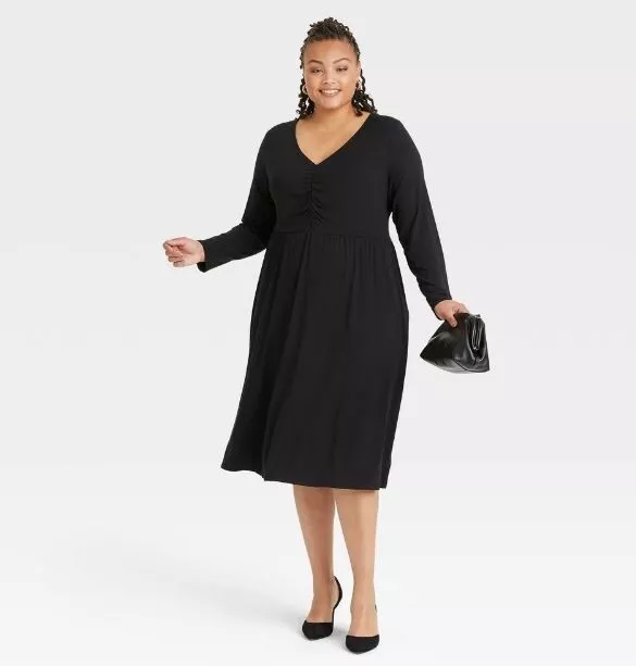 Ava Viv Black Dress 3X Midi V Neck Long Sleeve Ruched Bodice