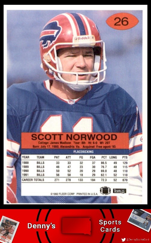 1992 Fleer 26 Scott Norwood Buffalo Bills Football Card eBay