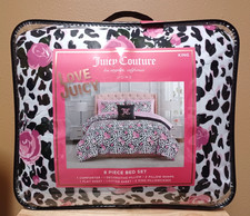 Juicy Couture 8 piece Floral King Comforter Set White/Black Leopard/Pink Roses