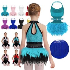 Kids Girls Halter Sparkly Rhinestone Ballet Leotard Feather Skirted Bodysuit