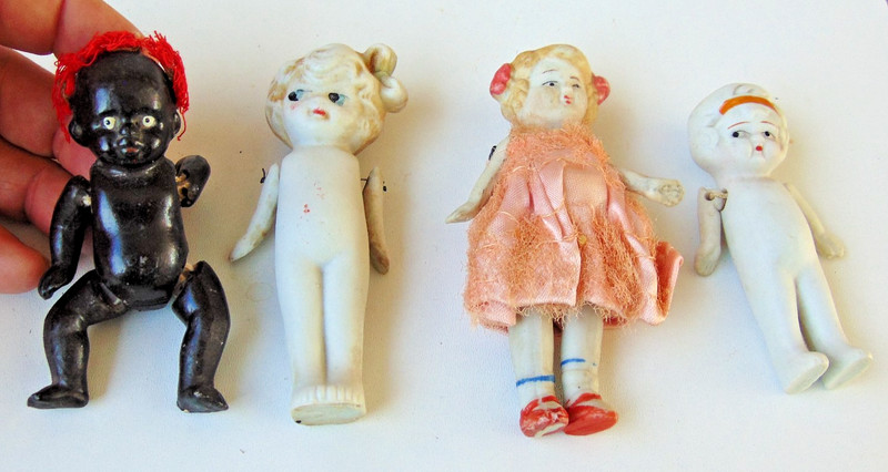 FOUR Vintage BISQUE DOLLS  Frozen Charlotte PENNY DOLLS CarnIvil Prize DOLLHOUSE