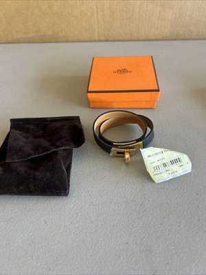 HERMES Kelly Double Tour Black Leather Wrap Bracelet gold plated hardware Small
