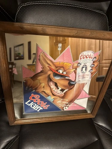Vintage 1990 Coors Light Beer Wolf Framed Mirror Bar Pub Sign 16” X 16” Man cave