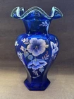 Vintage 1998 Fenton Cobalt Hex Vase Green Crest 75th Celebration Bill Fenton