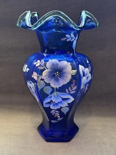 Vintage 1998 Fenton Cobalt Hex Vase Green Crest 75th Celebration Bill Fenton