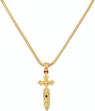 Vintage Gold Plated Cross Pendant Necklace Red Crystal Crown Unisex 23 Inch