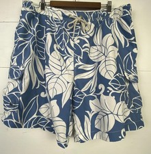 Caribbean Joe Mens Board Shorts Cargo Sz L Blue White Hawaiian Print Swimsuit