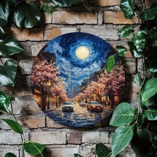 2D Flat, 1pc Round Aluminum Wall Art - Cherry Blossom Street Scene with Full Moo
