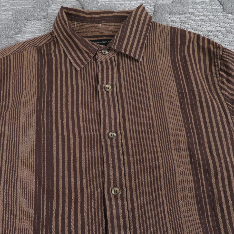 Banana Republic Shirt Mens Medium Brown Linen Slim Fit Vertical Striped Vacation - Image 2 of 4