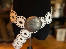 Vtg White Leather Concho Belt Silver Medallions Navajo Style Western Boho
