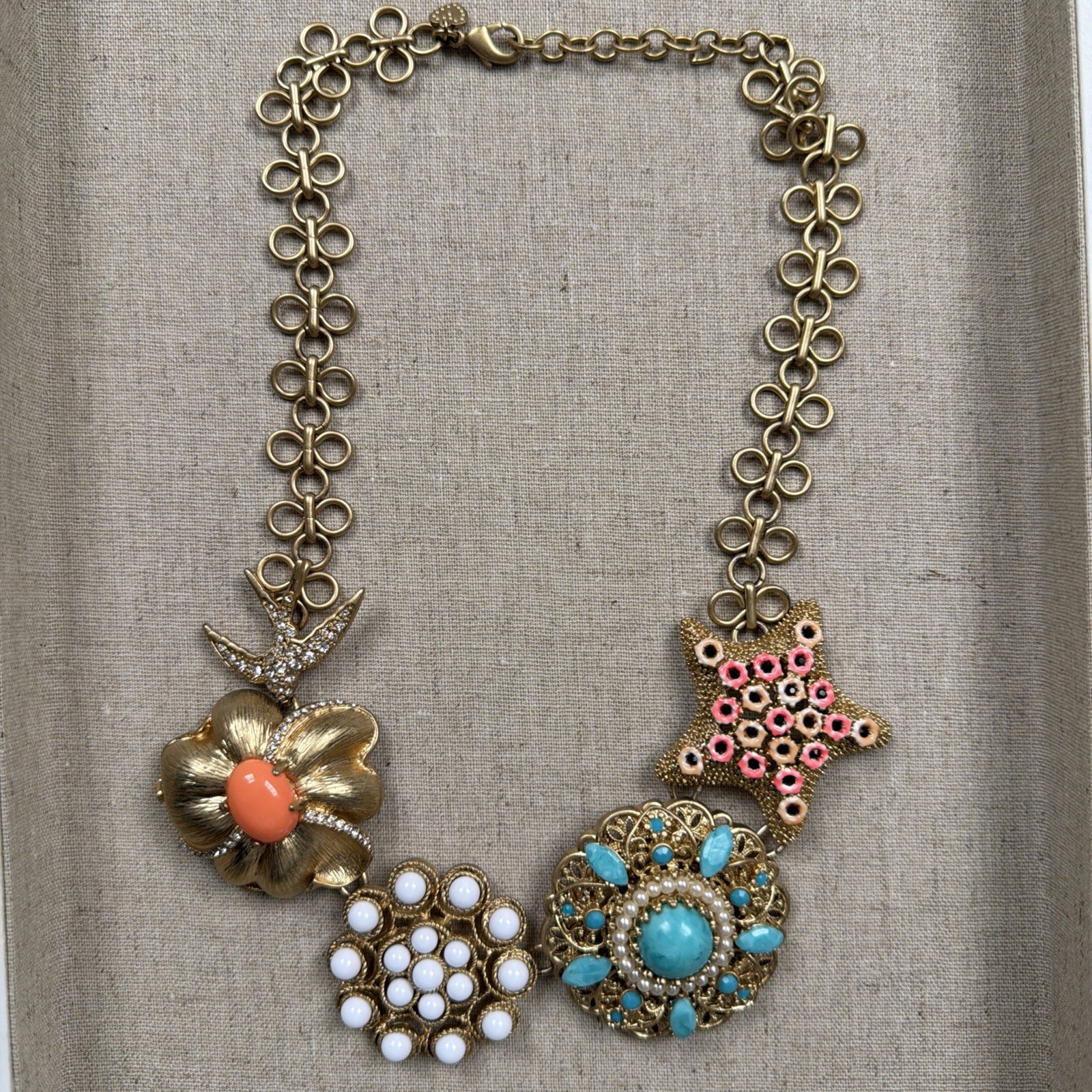 Stella & Dot Gold-Tone Necklace With Starfish, Pave Diamond Bird And Flowers