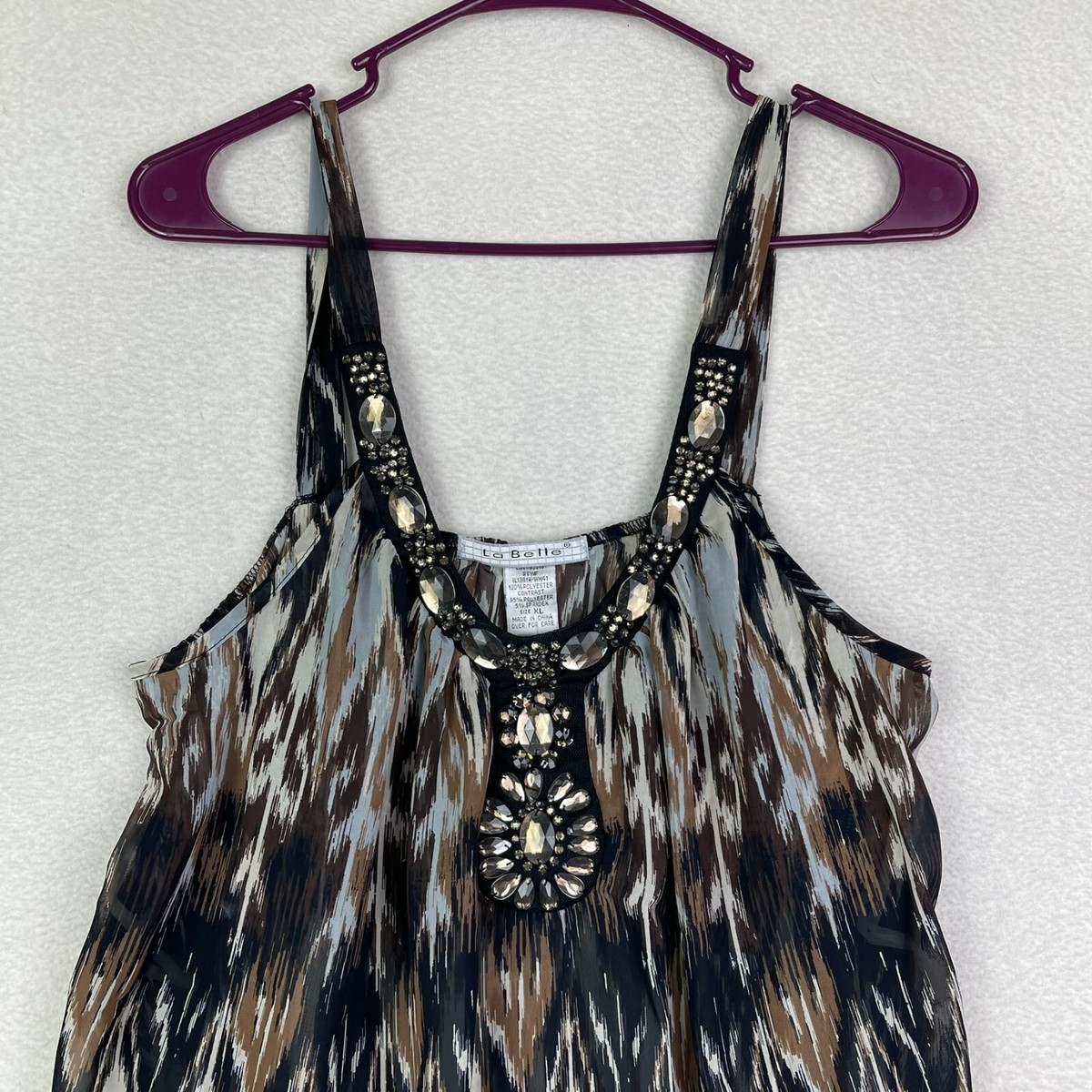 La Belle Sheer Sleeveless Blouse Womens XL New With Tags Gems Beads Shirt