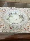 VTG FENTON SILVER CREST HAND PAINTED RUFFLED COMPOTE MILK GLASS CANDY DISH