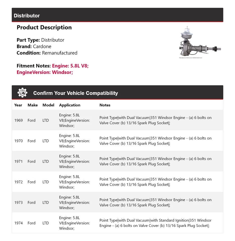 Ford LTD 1969-1974 5,8 L V8 distribuidor Cardone 1970 1971 1972 1973 Foto 2 de 4