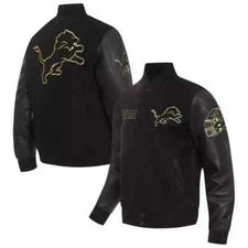 NFL Detroit Lion Black Classic Wool/Leather Sleeves Lettermen Varsity Jacket USA