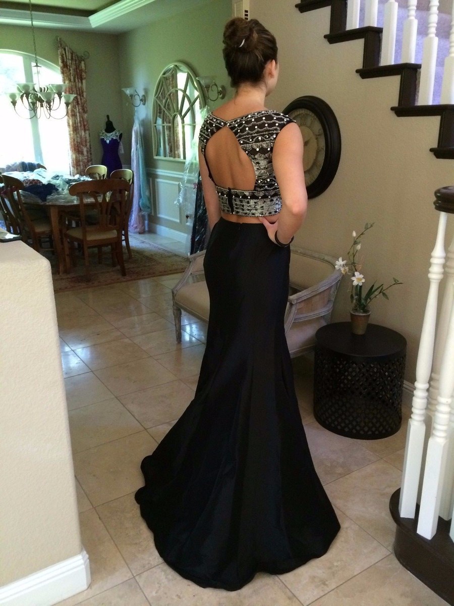black two piece dress formal Two Piece Lace Long Sleeves Evening Dress, Cheap Black Prom Dresses Promnova