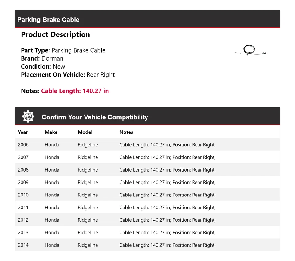 Cable de freno de estacionamiento trasero derecho para Honda Ridgeline Dorman 2006-2014 2007 2008 Foto 2 de 4