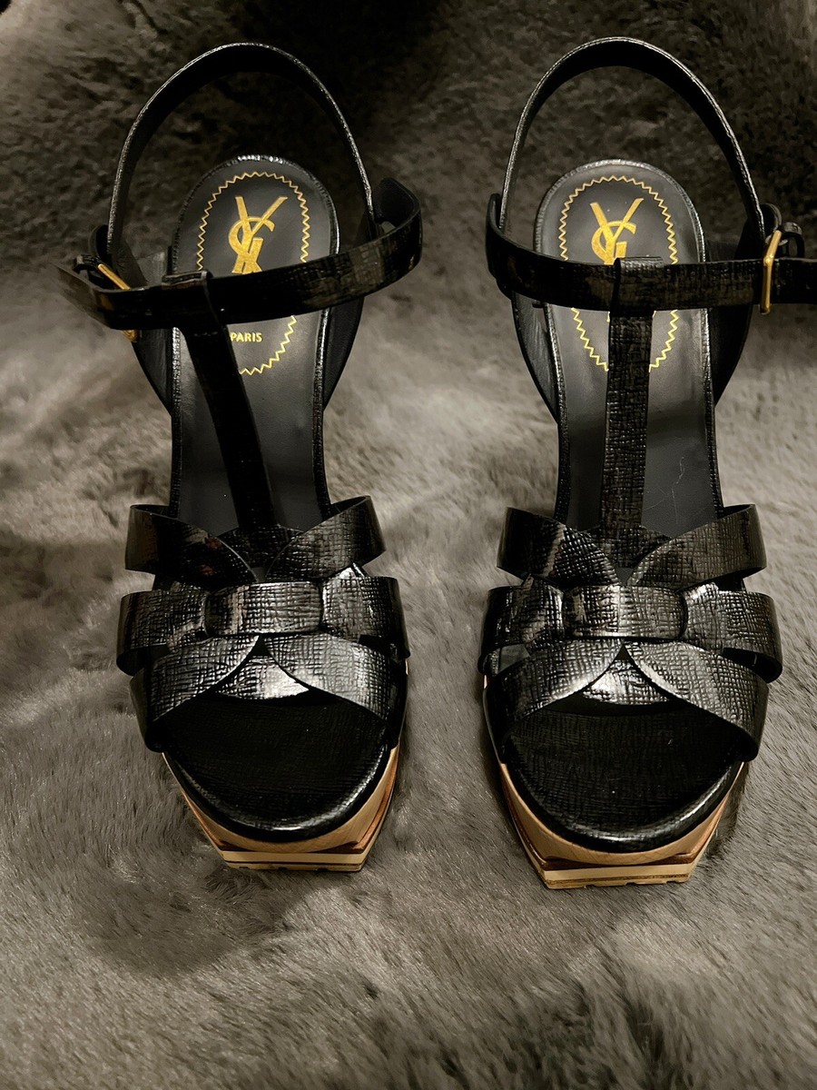 YSL Tribute Yves Saint Laurent Black Leather Wood Platform YSL Tribute Yves Saint Laurent Black Leather Wood Platform