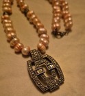 Vintage Art Deco Sterling Silver Marcasite Genuine Pink Pearl Pendant Necklace — photo 4