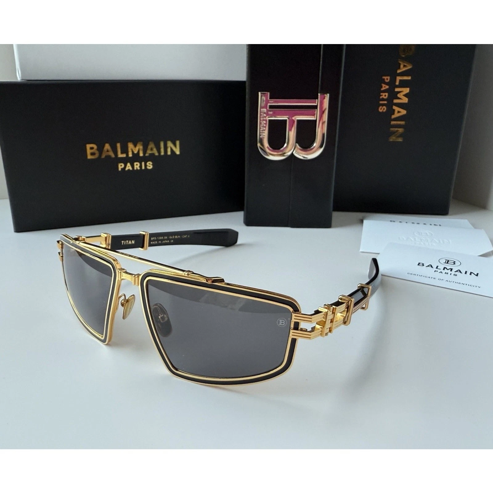 Balmain — BALMAIN TITAN Gold Black Dark Grey BPS-139-A-59mm Sunglasses Large AUTHENTIC