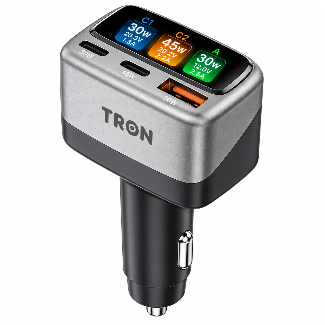 TRON 105W 3-Port Car Charger with Smart TFT Display, USB-C & USB-A Fast Charging - product detail image 1
