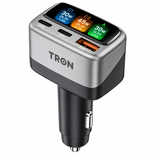 TRON 105W 3-Port Car Charger with Smart TFT Display, USB-C & USB-A Fast Charging - product listing photo