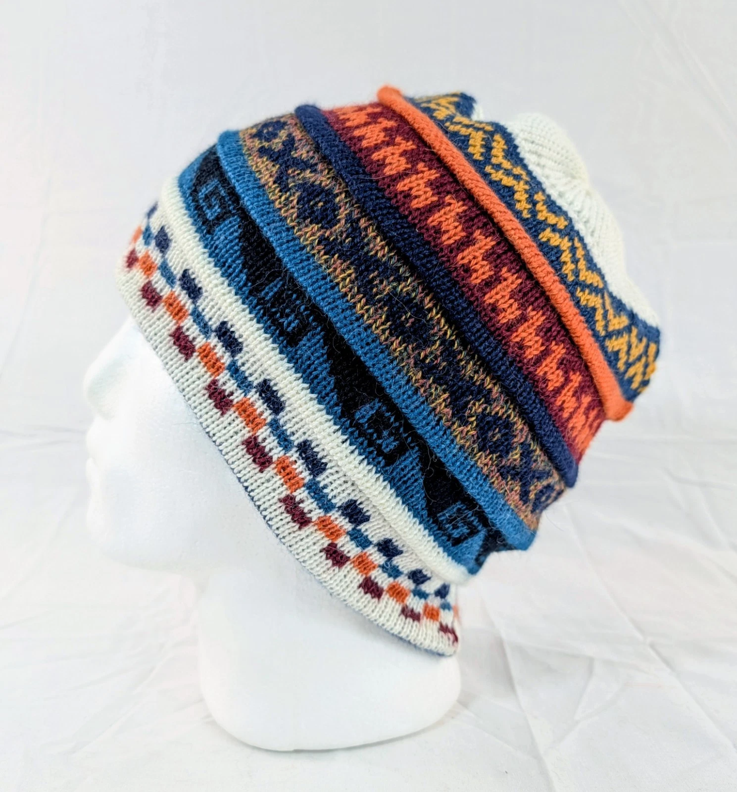 Soft Baby Alpaca Beanie Reversible White Blue Unisex Colorful Boho Llama Peru