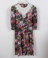 Vintage 80s Dress  Floral Cottagecore Garden Tea Party Bib Collar Size Large