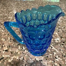 Vintage Cobalt Blue Fenton 4.5  Tall Glass Creamer Thumbprint Pitcher