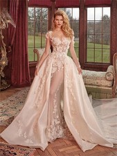 Romantic Lace Wedding Gown For Women Long Sleeve Detachable Satin Train Bride