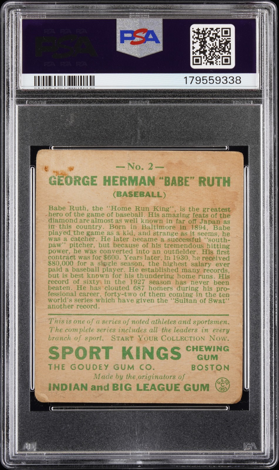 1933 SPORT KINGS BASEBALL #2 BABE RUTH PSA AUTHENTIC ALTERED view 2