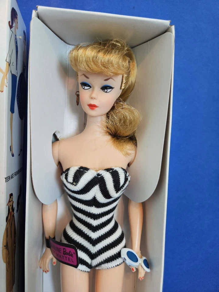 #1 Vintage Barbie BLONDE Ponytail Doll Box Swimsuit HOLES FEET 1959 Reproduction - Image 3 of 4