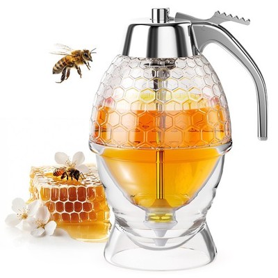 Honey Dispenser No Drip Glass 8 oz with Plastic Top, Beautiful Honeycomb Shap...