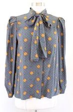 Vtg Miss O Oscar de La Renta Silk Tie Neck Pussybow Blouse Size 10 Green Purple