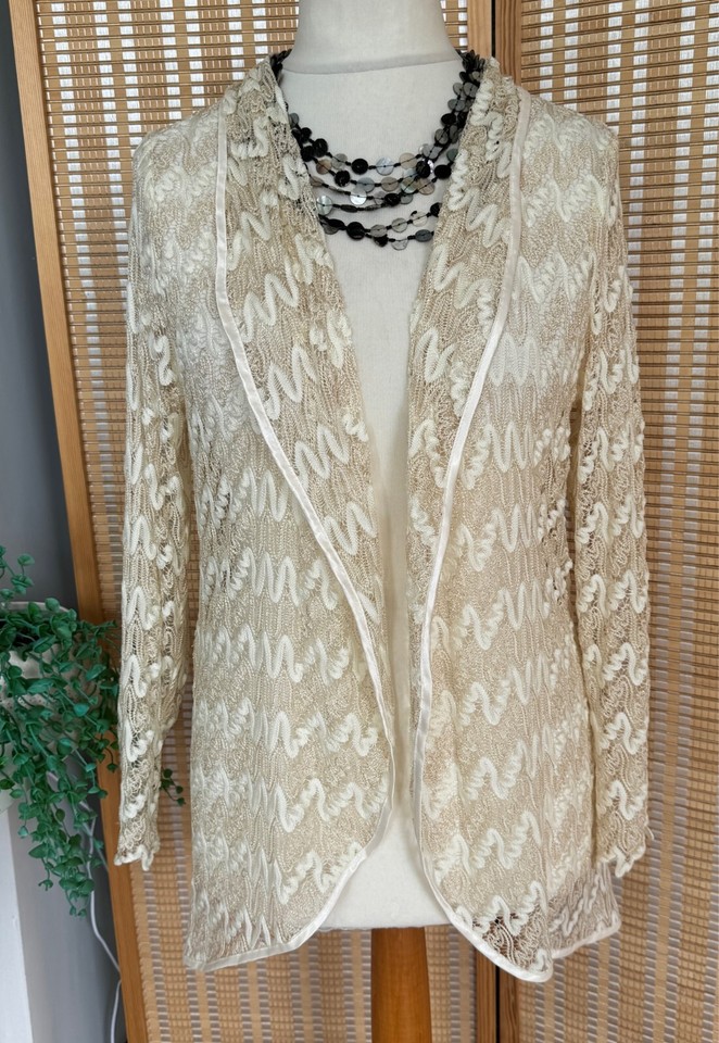 Chesca Cream & Gold Lace Cardigan Shrug Bolero Sz 2 fits 16 to 18 UK